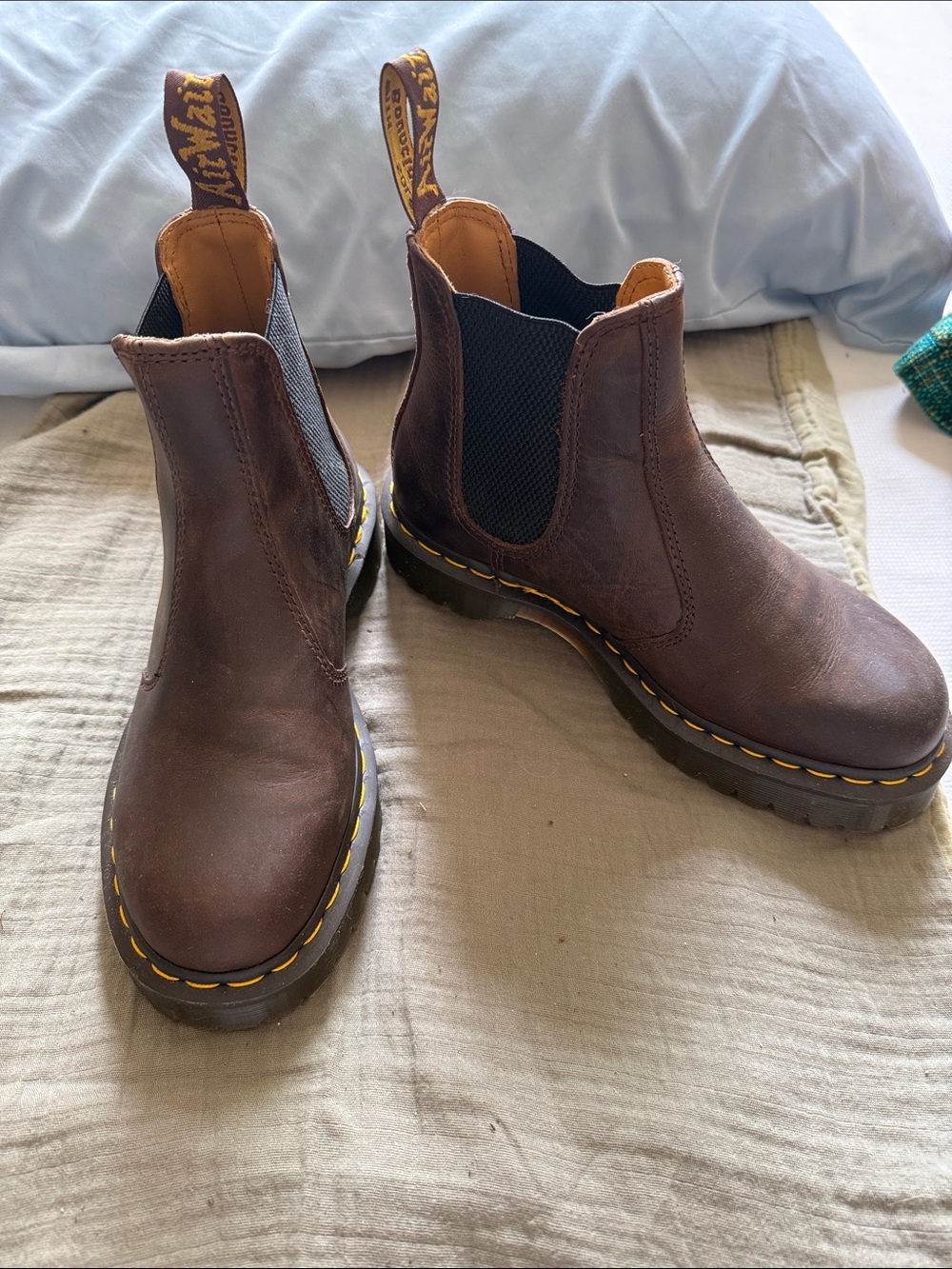 Dr. Martens Brown Leather Chelsea Boots with Yellow Welt Stitching